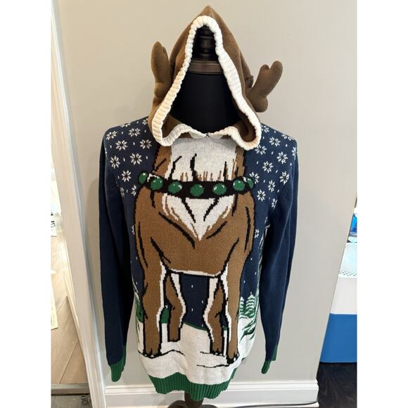 Ugly Christmas Sweater Women's L Reindeer Hooded Antlers - Picture 1 of 10